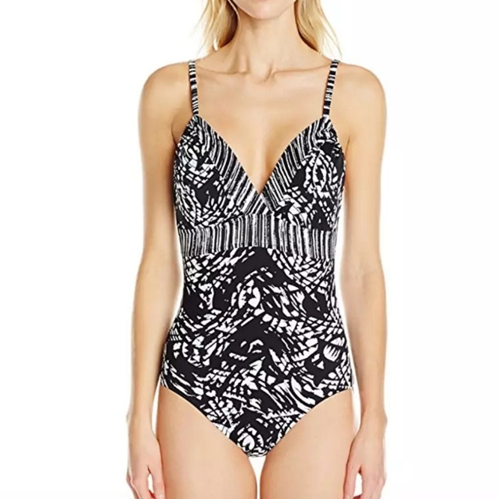 Caribbean Joe Women's One Piece Swimsuit Tribal Print Boho Adjustable Black 14